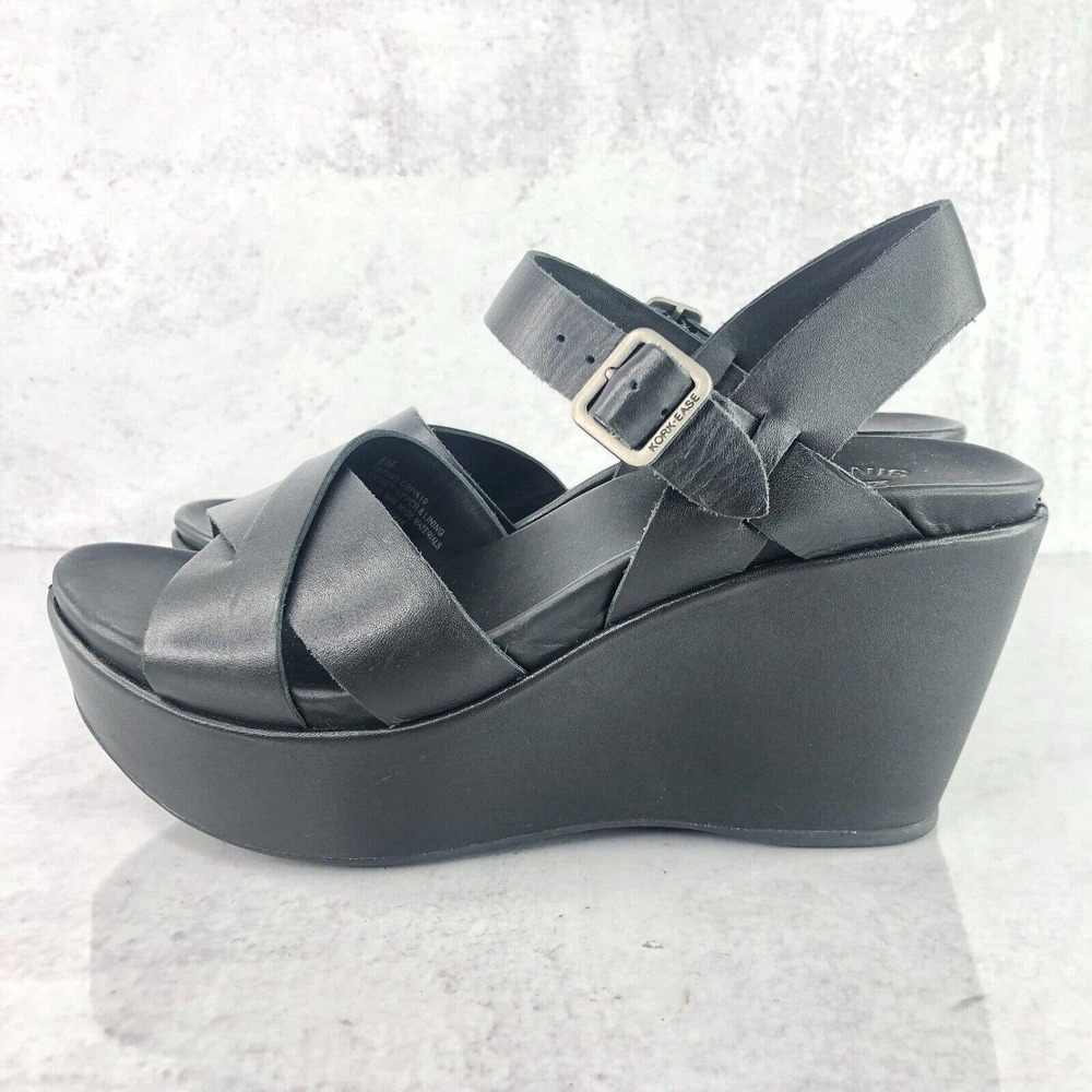 Kork Ease Ava Women's 6 M Shoes Black Leather Ankle Strap Wedge Sandals
